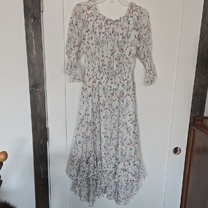 Floral White Dress with lite Mauve, Blue and Green flowers Garden and Country